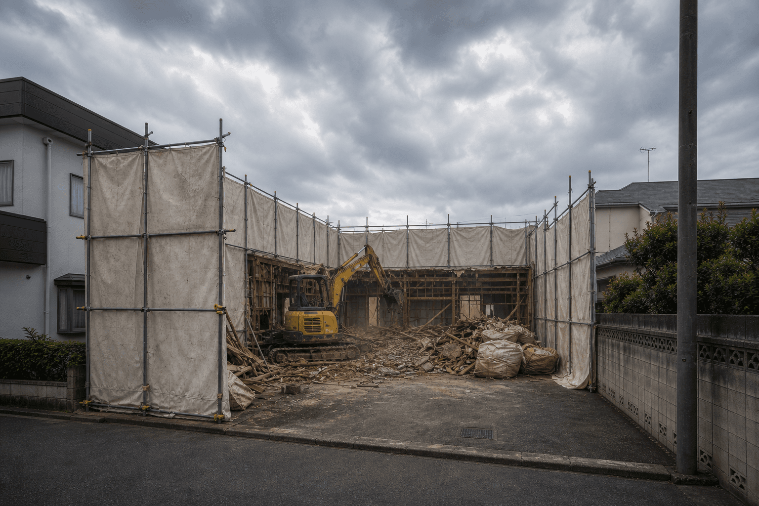 養生シートで囲った木造解体工事の現場