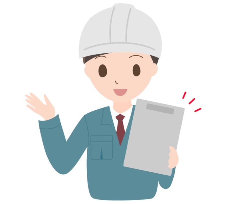 クリップボードを持ち案内するヘルメット姿のスタッフのイラスト