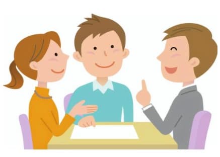 テーブルで打ち合わせするお客様と担当者のイラスト